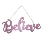 Davies Products Believe Metallic Fabric Hanging Sign Christmas Decoration - 20cm Blush