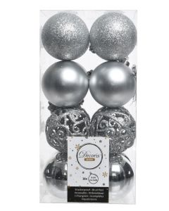 Kaemingk Christmas Baubles Shatterproof - Shiny/Matt/Glitter Mix - Pack of 16 - Silver - dia 6cm