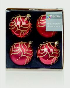 4 Deluxe Decorated Balls - Red 80mm