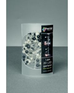 20 Battery Operated Warm White LED Beaded Garland - Black/White