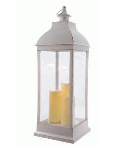 Kaemingk LED Plastic Lantern With 3 Candles & Timer - White Antique - 24x24x70cm