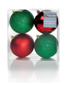 Premier Multi Finish Christmas Bauble Balls - Red & Green 4 X 100mm Pack 4