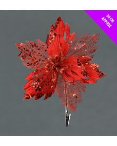 Davies Products Velvet & Glitter Poinsettia Clip Christmas Decoration - 30cm Red