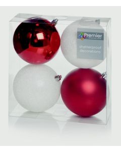 Multi Finish Baubles 100mm - Red & White Pack 4