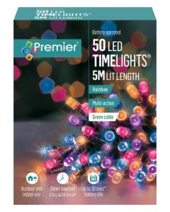 Premier Christmas Multi Action Battery Operated TIMELIGHTS™ - 50 LED - Rainbow/Green Cable
