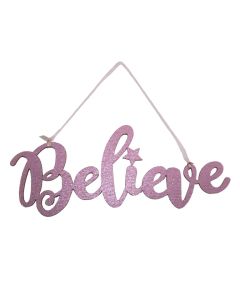 Davies Products Believe Metallic Fabric Hanging Sign Christmas Decoration - 20cm Blush