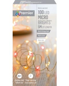 Premier Christmas Multi Action Battery Operated Microbrights - 100 LED Red/Vintage Gold