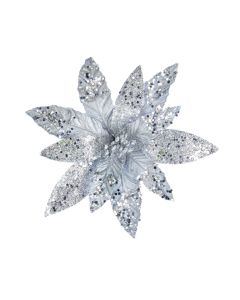 Premier Glitter Sequin Poinsettia Christmas Pick Silver 26cm