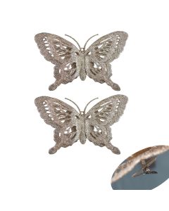 Davies Products Glitter Butterflies Christmas Decoration - Pack of 2 - Champagne
