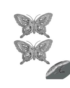 Davies Products Glitter Butterflies Christmas Decoration - Pack of 2 - Silver