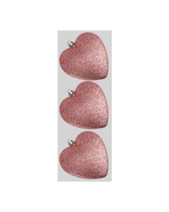 Davies Products Glitter Hearts Christmas Tree Baubles - Pack of 3 - 9cm Blush
