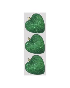Davies Products Glitter Hearts Christmas Tree Baubles - Pack of 3 - 9cm Green