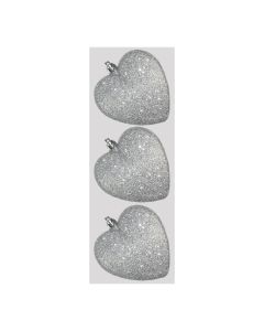 Davies Products Glitter Hearts Christmas Tree Baubles - Pack of 3 - 9cm Silver