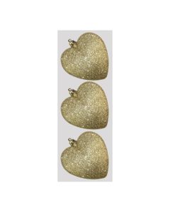 Davies Products Glitter Hearts Christmas Tree Baubles - Pack of 3 - 9cm Gold