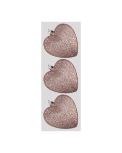 Davies Products Glitter Hearts Christmas Tree Baubles - Pack of 3 - 9cm Peach