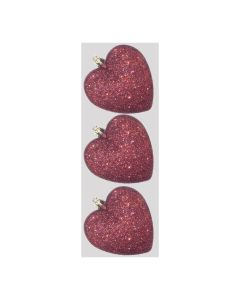 Davies Products Glitter Hearts Christmas Tree Baubles - Pack of 3 - 9cm Wine