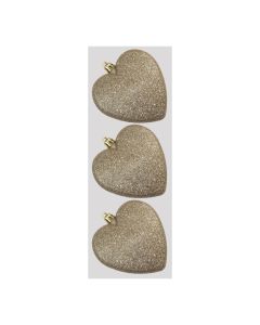 Davies Products Glitter Hearts Christmas Tree Baubles - Pack of 3 - 9cm Champagne