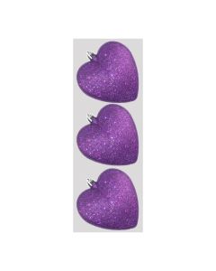 Davies Products Glitter Hearts Christmas Tree Baubles - Pack of 3 - 9cm Purple