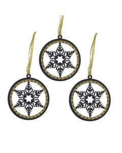 Davies Products 3 Snowflake Hangers Black & Gold Christmas Tree Baubles - 7.5cm