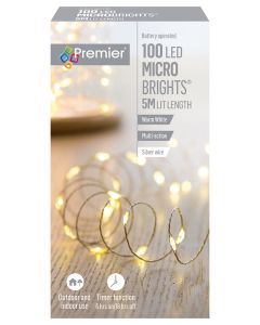 Premier Battery Operated Multi-Action MicroBrights Christmas Lights with Timer - 100 LED - Warm White