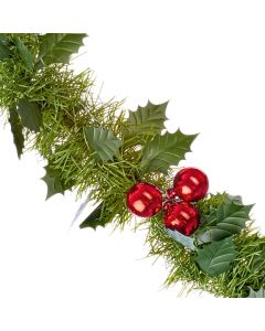 Premier Deluxe Green Tinsel Garland Christmas Bauble Berries & Holly Decoration - 2.7m x 12cm
